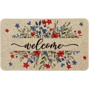 Artoid Mode Welcome Floral Red Flowers Leaves Patriotic 4TH of July Doormat, Memorial Day Home Decor Low-Profile Switch Rug Door Mat Floor Mat for Indoor Outdoor 17×29 Inch