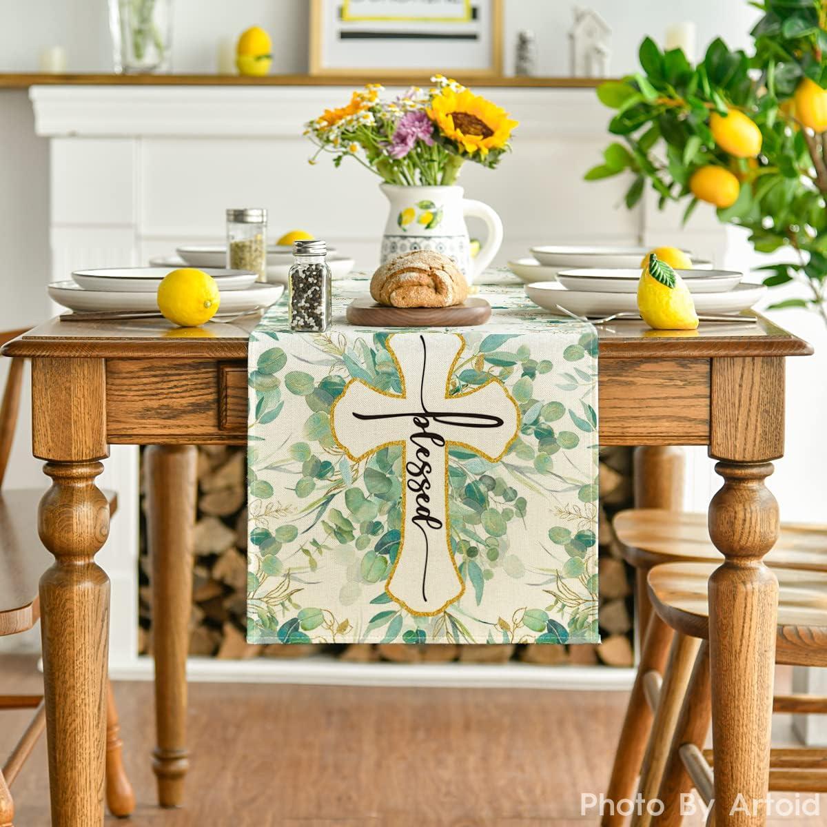 image:imageArtoid Mode Blessed Cross Eucalyptus Table Runner Spring Summer Seasonal Kitchen Dining Table Decoration for Home Party Decor 13 x 72 InchGreen