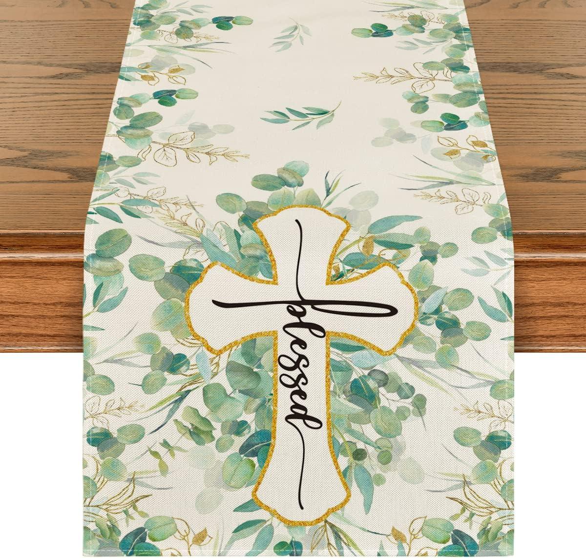 image:imageArtoid Mode Blessed Cross Eucalyptus Table Runner Spring Summer Seasonal Kitchen Dining Table Decoration for Home Party Decor 13 x 72 InchGreen