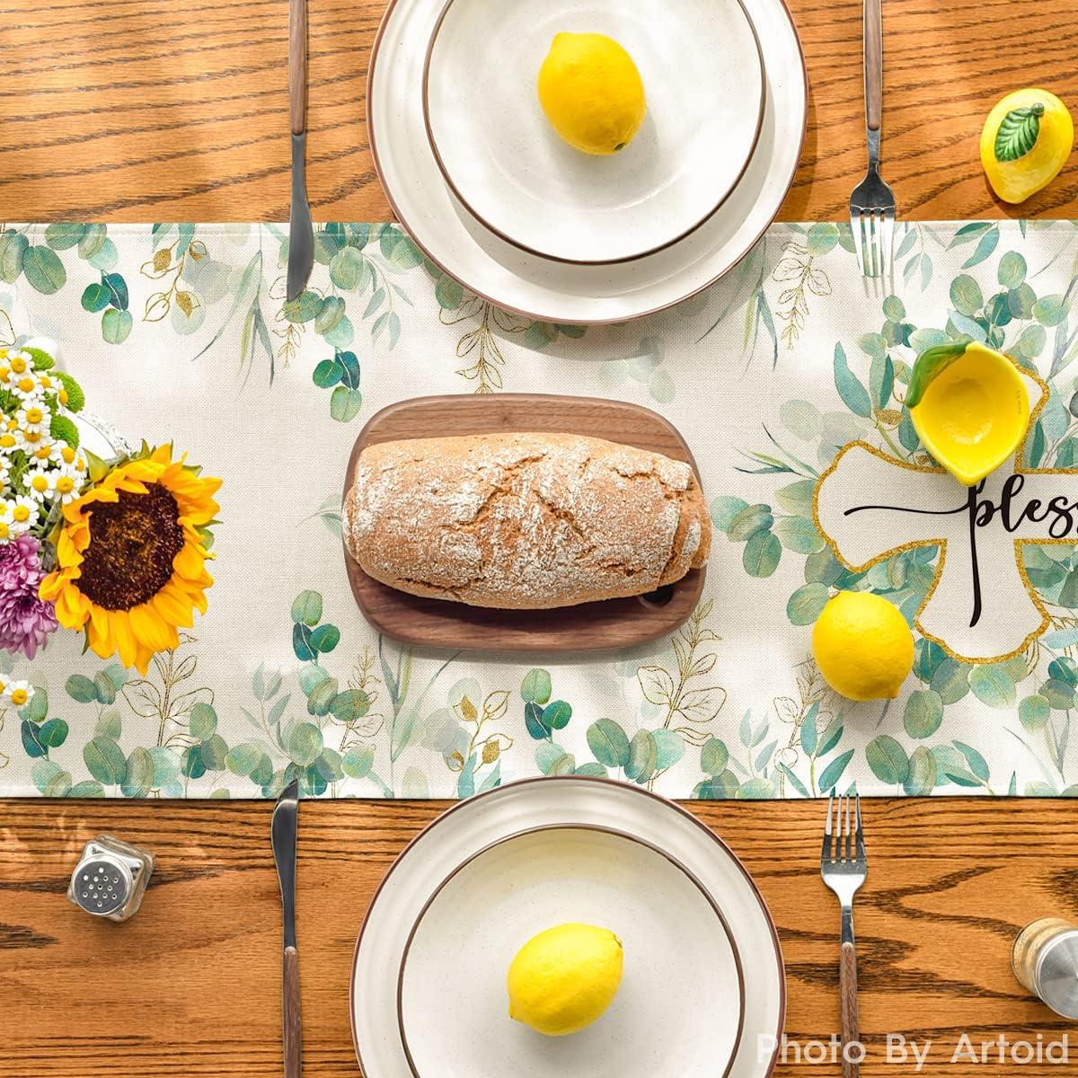 image:imageArtoid Mode Blessed Cross Eucalyptus Table Runner Spring Summer Seasonal Kitchen Dining Table Decoration for Home Party Decor 13 x 72 InchGreen