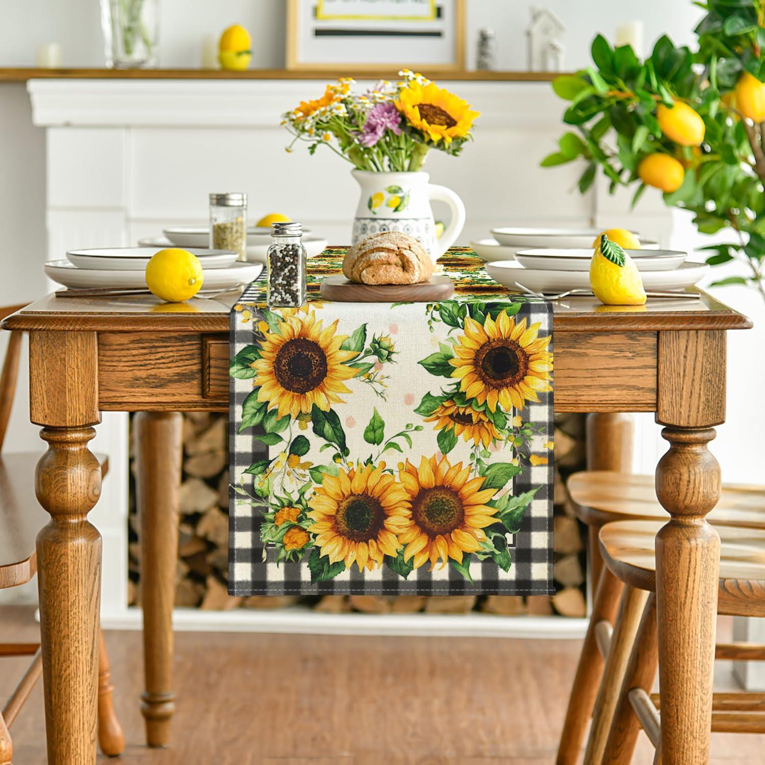 image:imageArtoid Mode Buffalo Plaid Sunflower Table Runner Summer Fall Seasonal Kitchen Dining Table Decoration for Indoor Outdoor Home Party Decor 13 x 72 Inch13 x 72 Table Runner