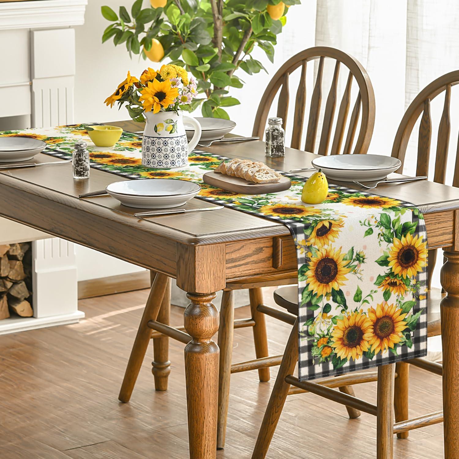 image:imageArtoid Mode Buffalo Plaid Sunflower Table Runner Summer Fall Seasonal Kitchen Dining Table Decoration for Indoor Outdoor Home Party Decor 13 x 72 Inch13 x 90 Table Runner