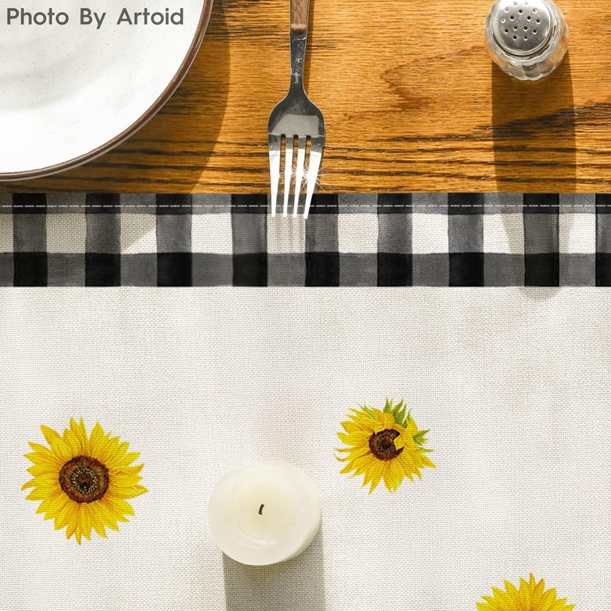 image:imageArtoid Mode Buffalo Plaid Sunflower Vase Sunshine Summer Table Runner Spring Kitchen Dining Table Decoration for Home Party Decor 13x72 InchBeige