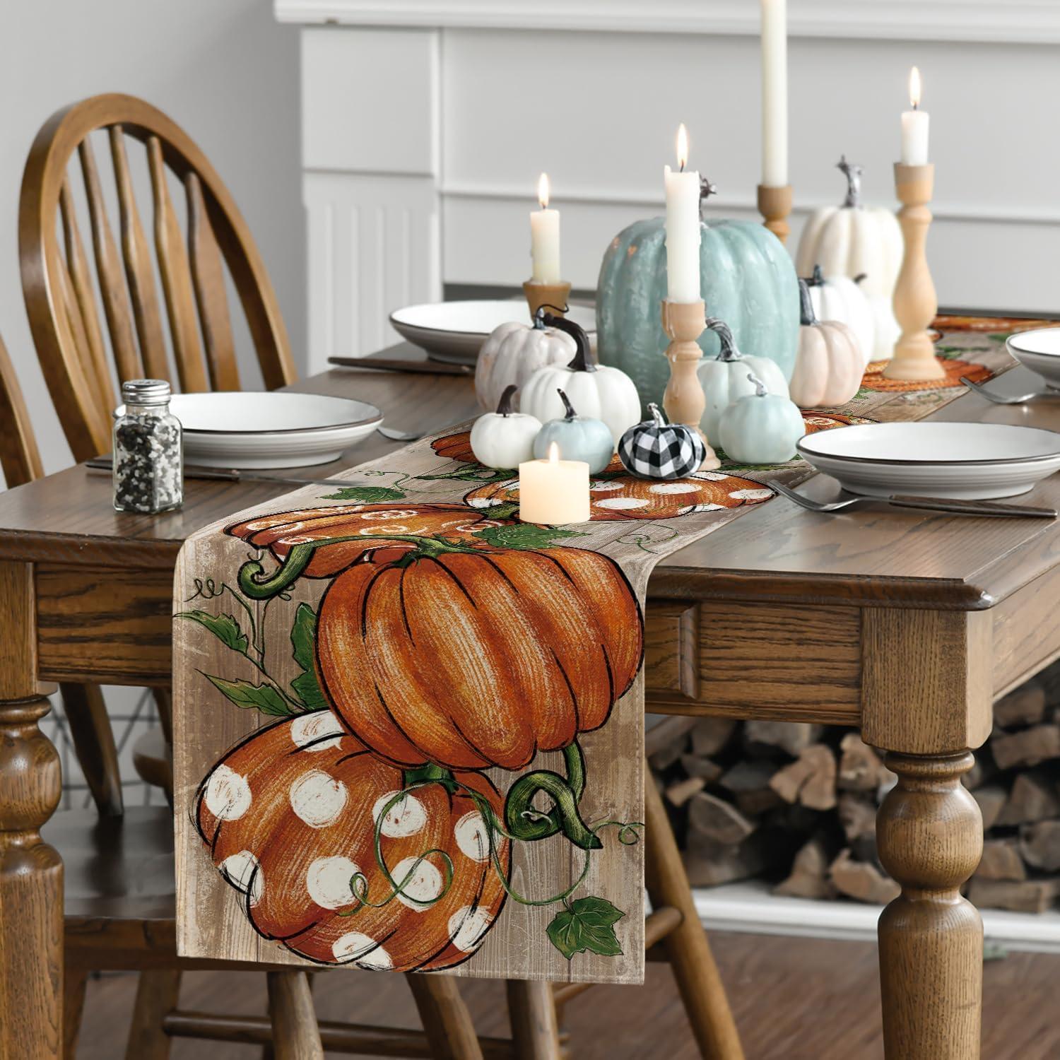 image:imageArtoid Mode Polka Dot Pumpkins Vine 2PCS Fall Table Runner Seasonal Autumn Thanksgiving Kitchen Dining Table Decoration Home Party Decor 13x72 InchWood