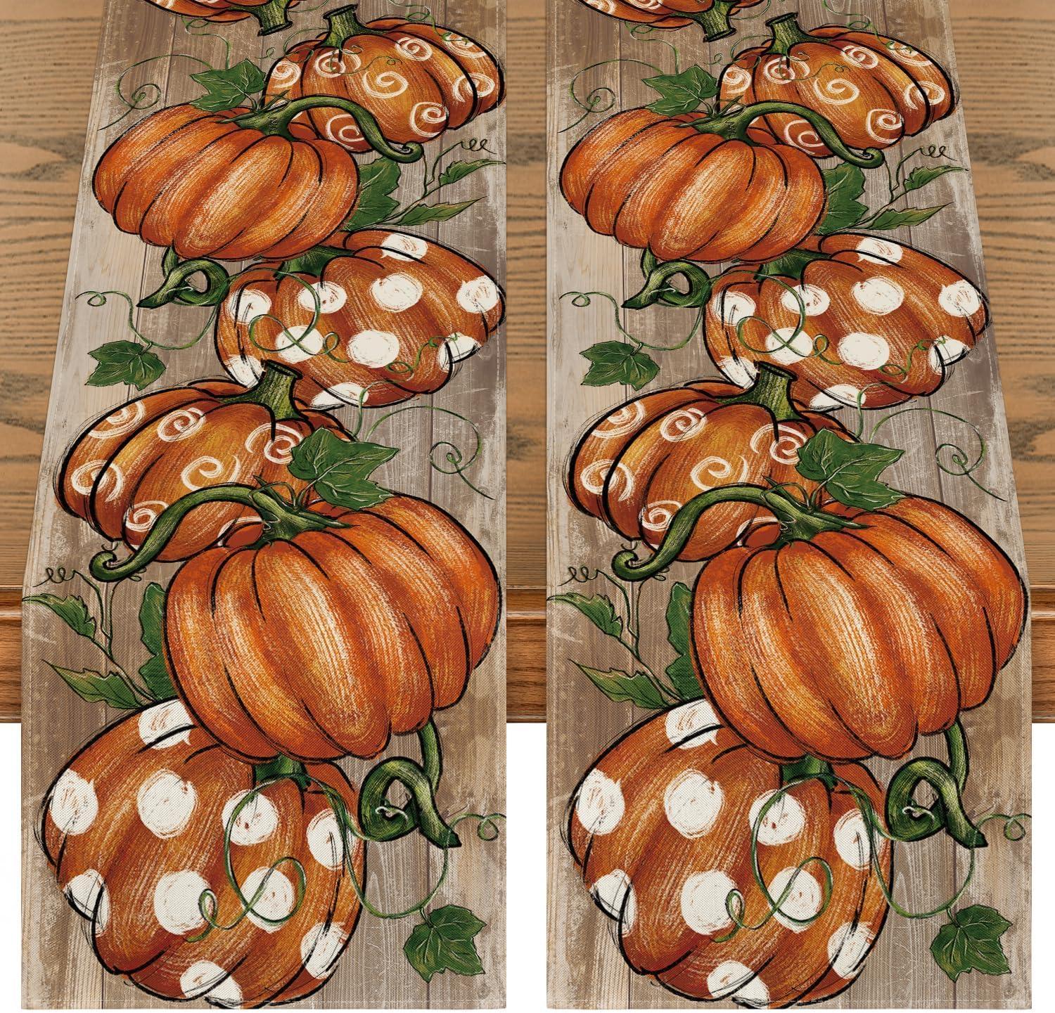 image:imageArtoid Mode Polka Dot Pumpkins Vine 2PCS Fall Table Runner Seasonal Autumn Thanksgiving Kitchen Dining Table Decoration Home Party Decor 13x72 InchWood