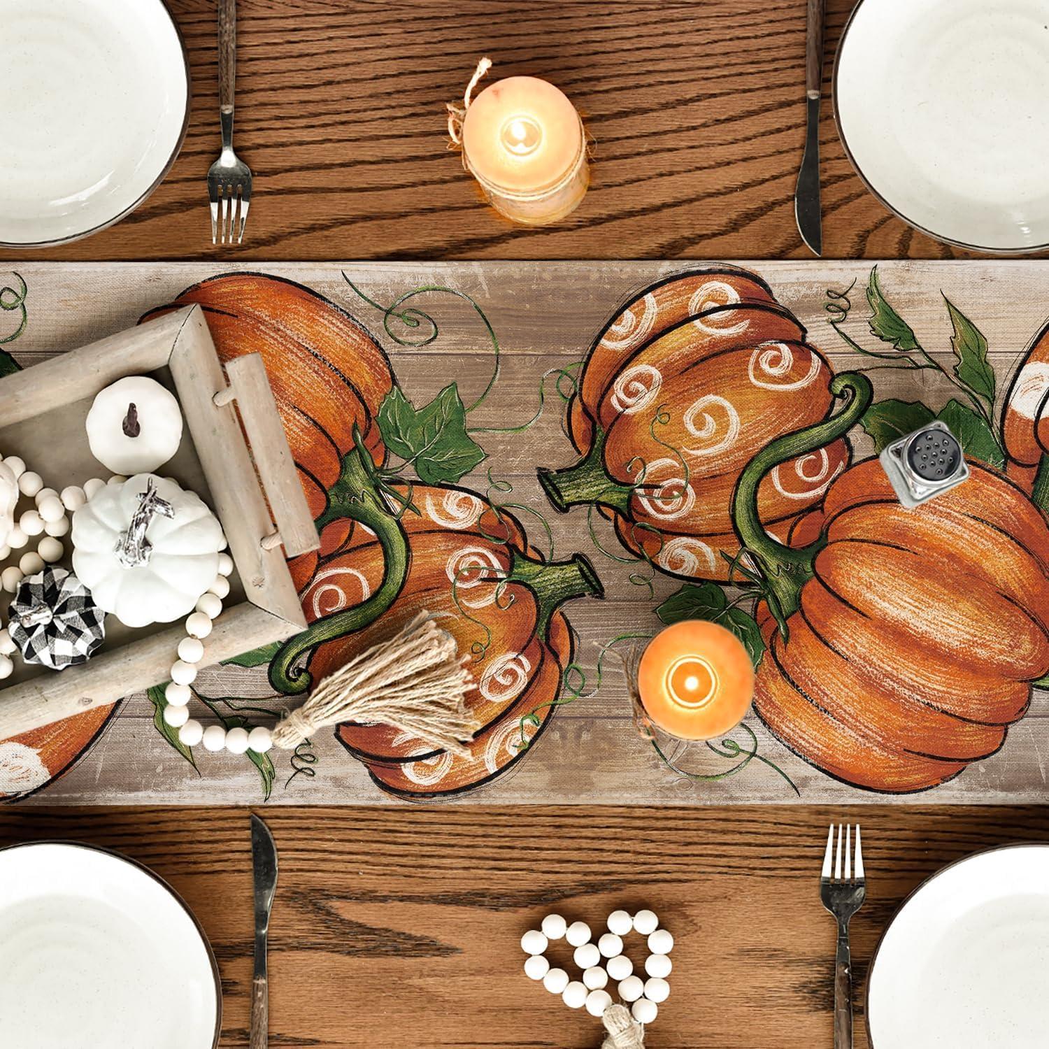 image:imageArtoid Mode Polka Dot Pumpkins Vine 2PCS Fall Table Runner Seasonal Autumn Thanksgiving Kitchen Dining Table Decoration Home Party Decor 13x72 InchWood