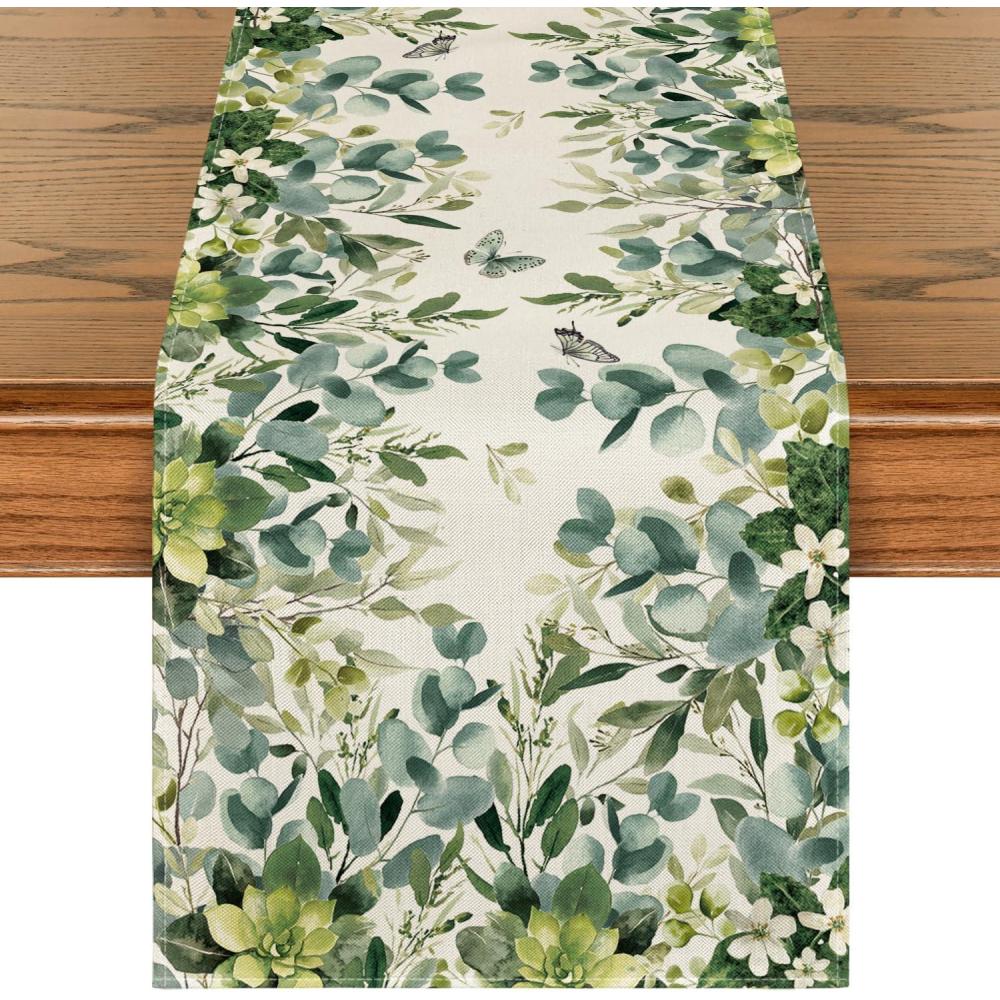 image:imageArtoid Mode Green Flowers Floral Eucalyptus Summer Table Runner Seasonal Spring Kitchen Dining Table Decoration for Home Party Decor 13x72 InchBeige