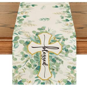 Artoid Mode Blessed Cross Eucalyptus Table Runner, Spring Summer Seasonal Kitchen Dining Table Decoration for Home Party Decor 13 x 72 Inch(Green)