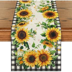 Artoid Mode Buffalo Plaid Sunflower Table Runner, Summer Fall Seasonal Kitchen Dining Table Decoration for Indoor Outdoor Home Party Decor 13 x 72 Inch(13″ x 108″  Table Runner)
