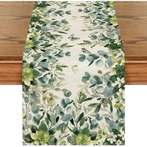 Artoid Mode Green Flowers Floral Eucalyptus Summer Table Runner, Seasonal Spring Kitchen Dining Table Decoration for Home Party Decor 13×72 Inch(Beige)