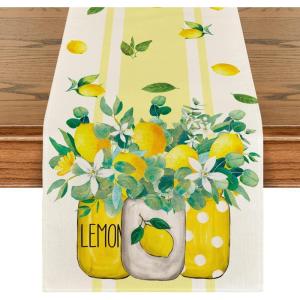 Artoid Mode Yellow Stripes Vase Lemon Summer Table Runner, Spring Kitchen Dining Table Decoration for Home Party Decor 13×72 Inch(Yellow)