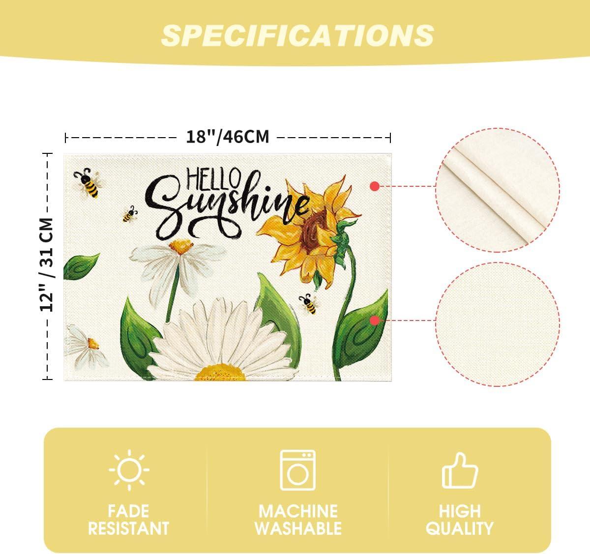 image:imageArtoid Mode Beige Sunflower Bees Summer Placemats Set of 4 12x18 Inch Seasonal Spring Holiday Table Mats for Party Kitchen Dining DecorationBeige