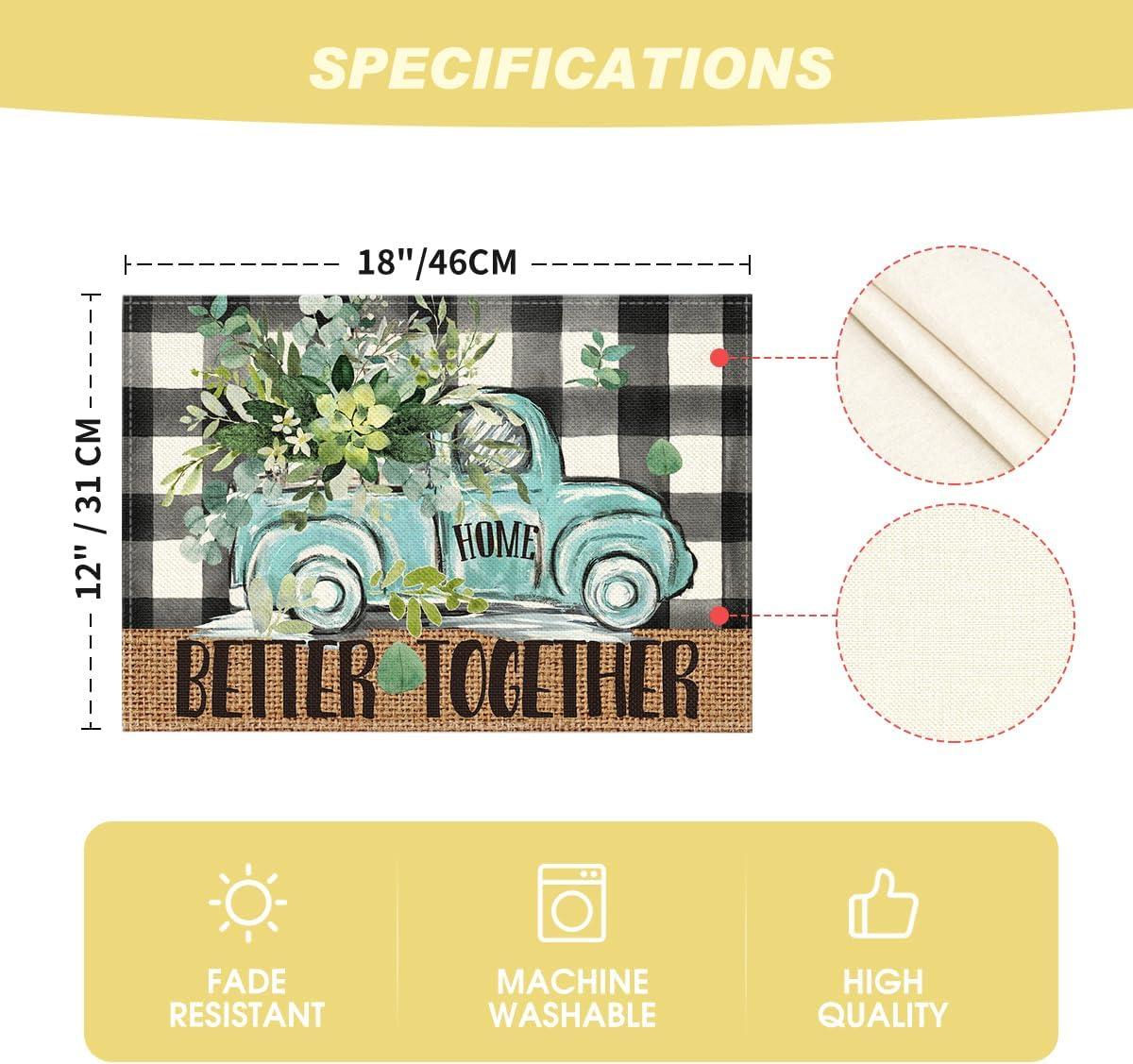 image:imageArtoid Mode Black Buffalo Plaid Truck Eucalyptus Summer Placemats Set of 4 12x18 Inch Spring Table Mats for Party Kitchen Dining DecorationMulti Color