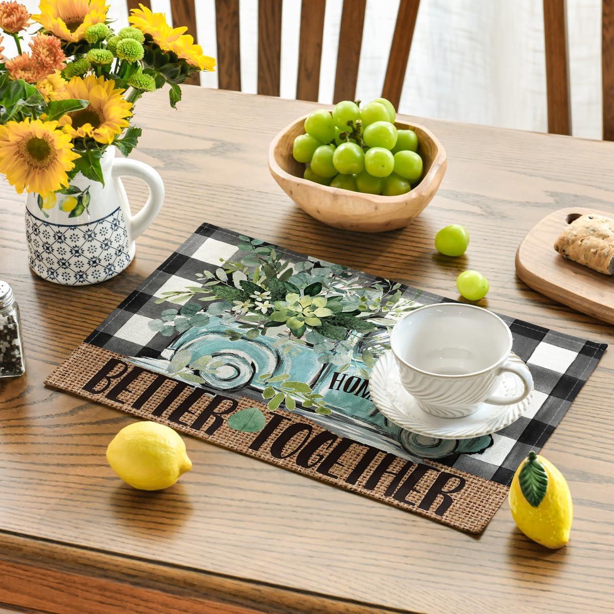image:imageArtoid Mode Black Buffalo Plaid Truck Eucalyptus Summer Placemats Set of 4 12x18 Inch Spring Table Mats for Party Kitchen Dining DecorationMulti Color