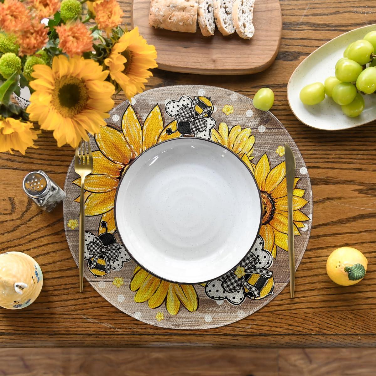 image:imageArtoid Mode Black Sunflower Bee Flower Polka Dot Summer Placemats Set of 4 12x18 Inch Table Mats for Table Runner Party Kitchen Dining DecorationWood