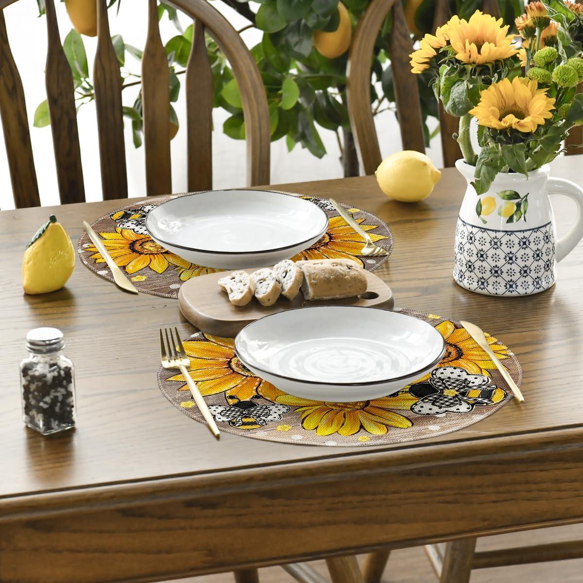 image:imageArtoid Mode Black Sunflower Bee Flower Polka Dot Summer Placemats Set of 4 12x18 Inch Table Mats for Table Runner Party Kitchen Dining DecorationWood