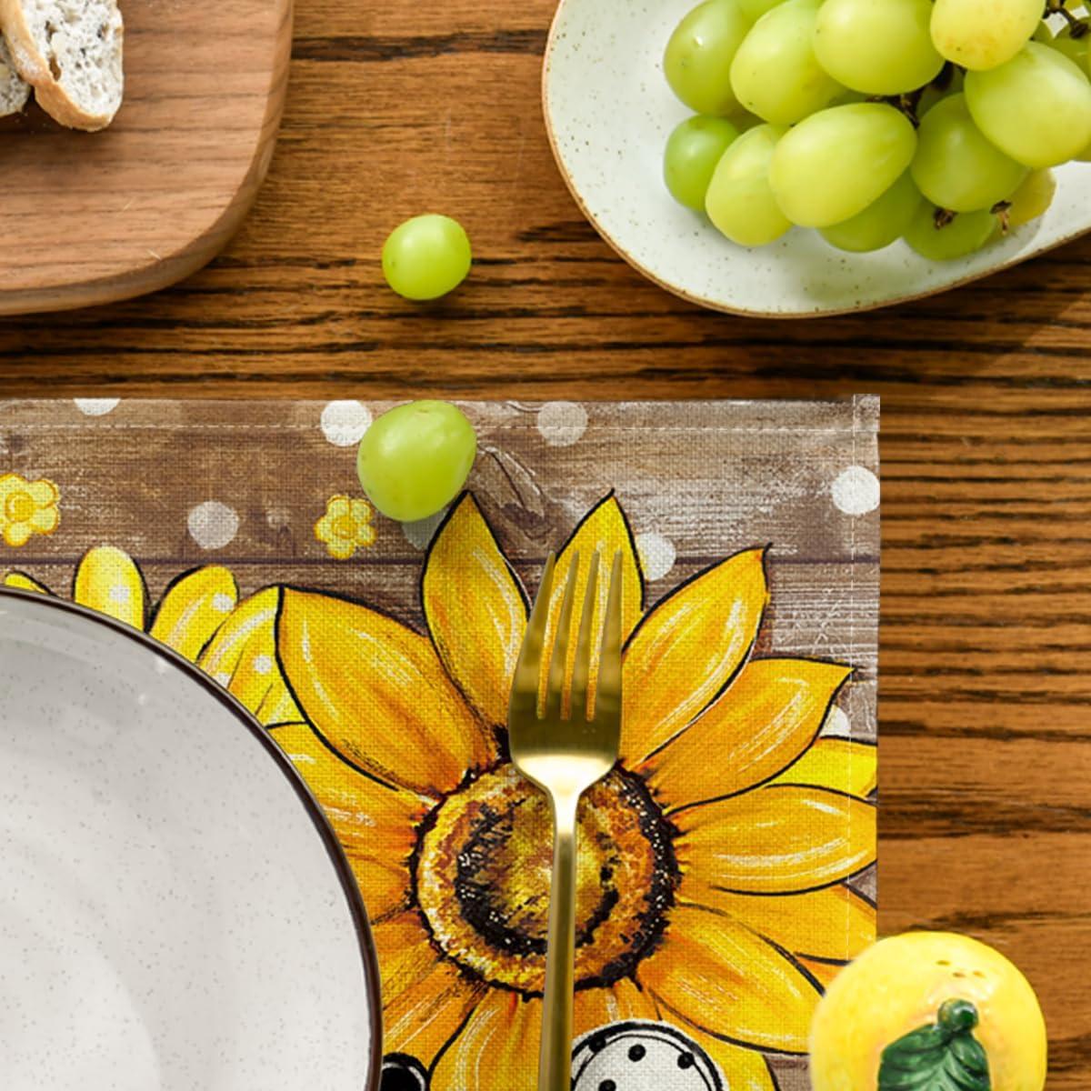 image:imageArtoid Mode Black Sunflower Bee Flower Polka Dot Summer Placemats Set of 4 12x18 Inch Table Mats for Table Runner Party Kitchen Dining DecorationWood