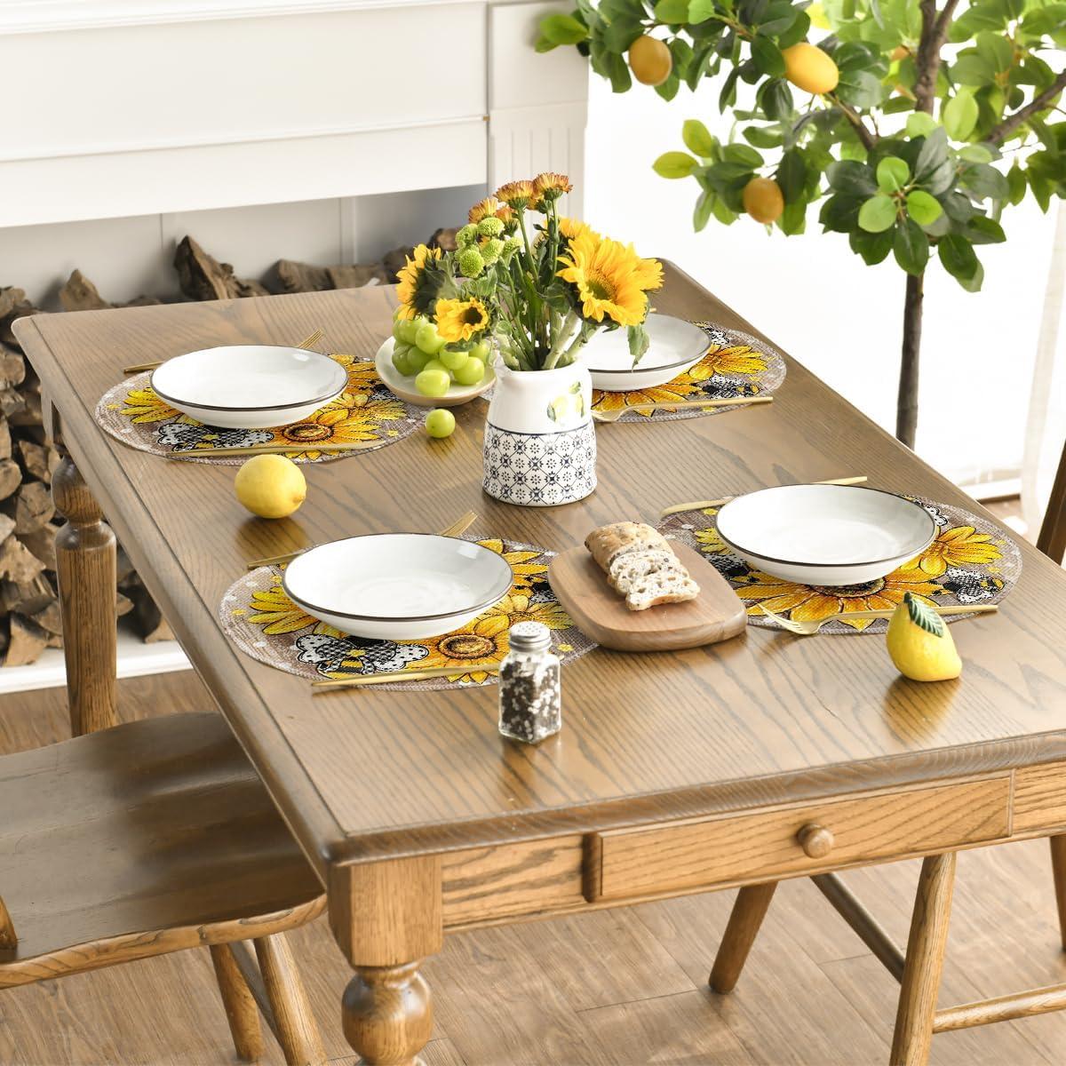 image:imageArtoid Mode Black Sunflower Bee Flower Polka Dot Summer Placemats Set of 4 12x18 Inch Table Mats for Table Runner Party Kitchen Dining DecorationWood