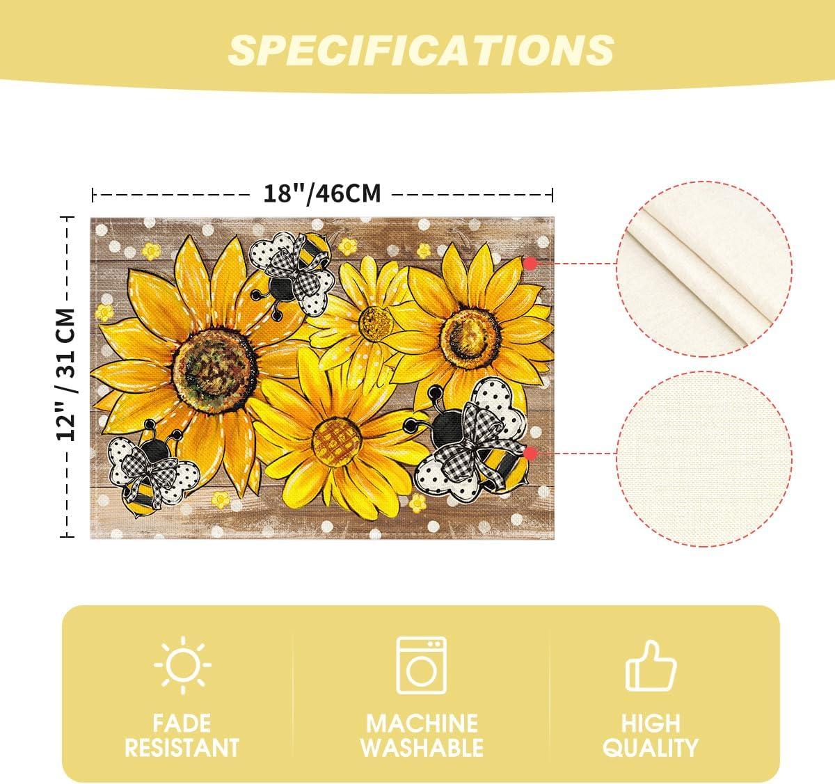 image:imageArtoid Mode Black Sunflower Bee Flower Polka Dot Summer Placemats Set of 4 12x18 Inch Table Mats for Table Runner Party Kitchen Dining DecorationWood