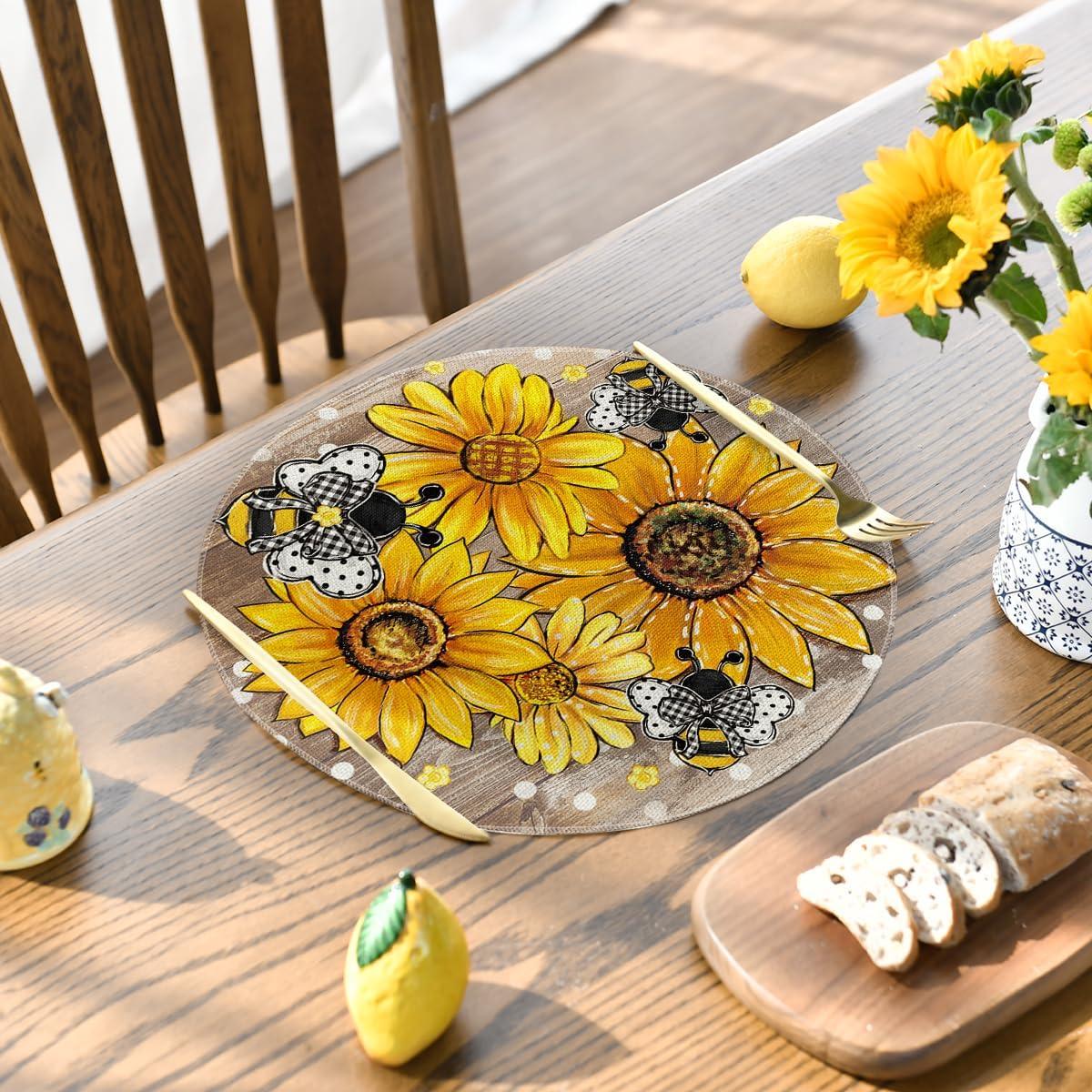 image:imageArtoid Mode Black Sunflower Bee Flower Polka Dot Summer Placemats Set of 4 12x18 Inch Table Mats for Table Runner Party Kitchen Dining DecorationWood