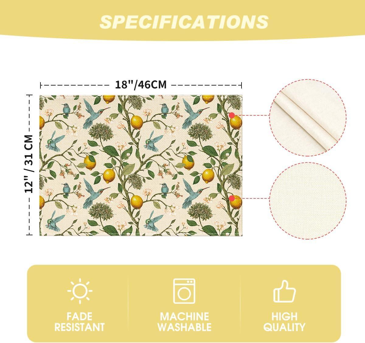 image:imageArtoid Mode Brown Lemon Tree Bird Flower Summer Placemats Set of 412x18 Inch Seasonal Spring Table Mats for Party Kitchen Dining DecorationMulticolor