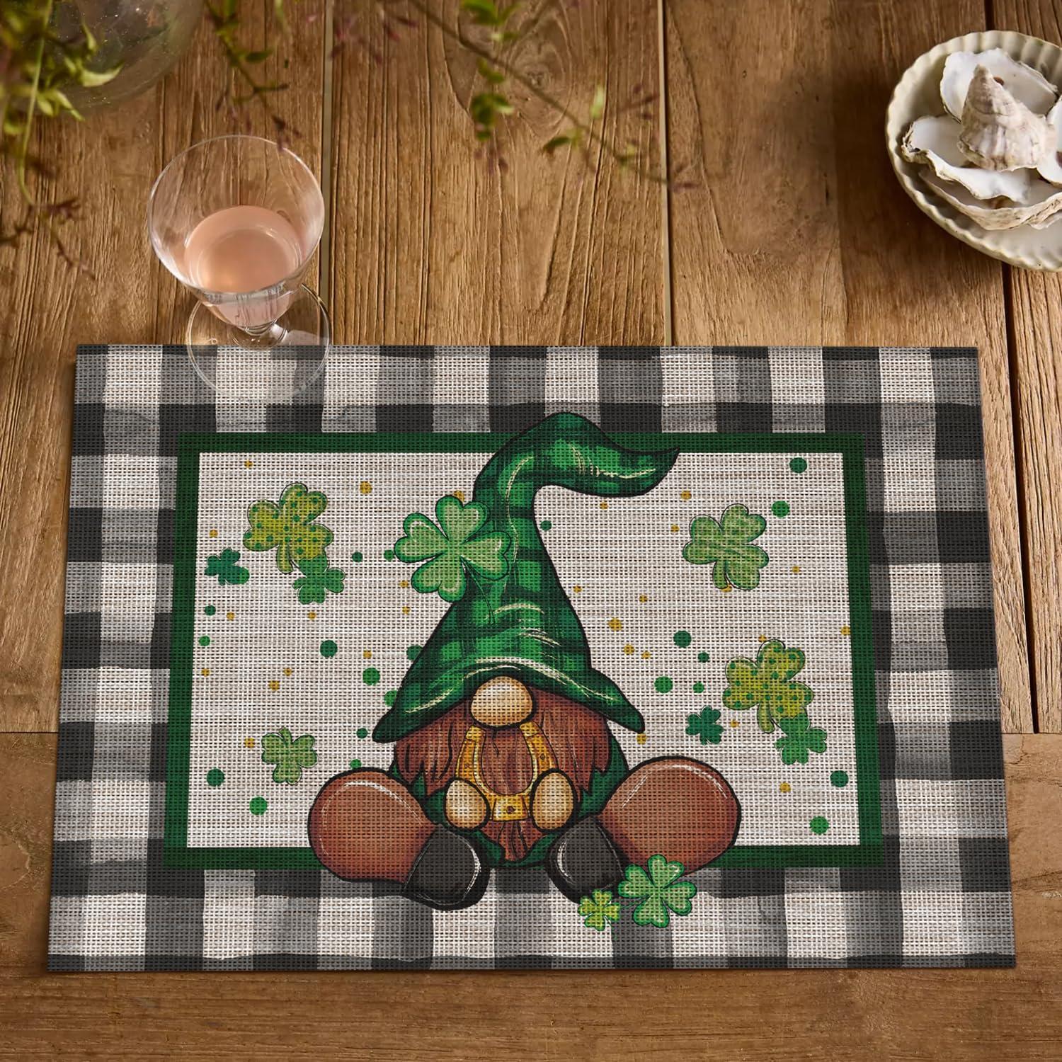 image:imageArtoid Mode Buffalo Plaid Gnome Vinyl St Patricks Day Placemats Set of 4 12x18 Inch Wipeable NonSlip PVC Place Mats for Party Kitchen Dining Decor