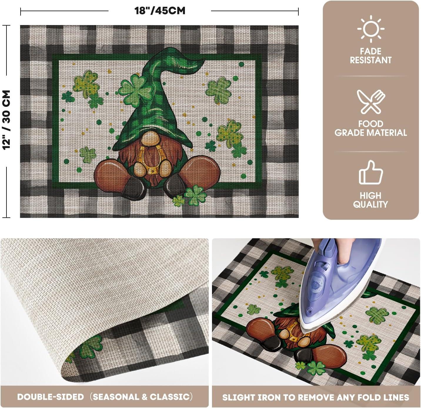 image:imageArtoid Mode Buffalo Plaid Gnome Vinyl St Patricks Day Placemats Set of 4 12x18 Inch Wipeable NonSlip PVC Place Mats for Party Kitchen Dining Decor