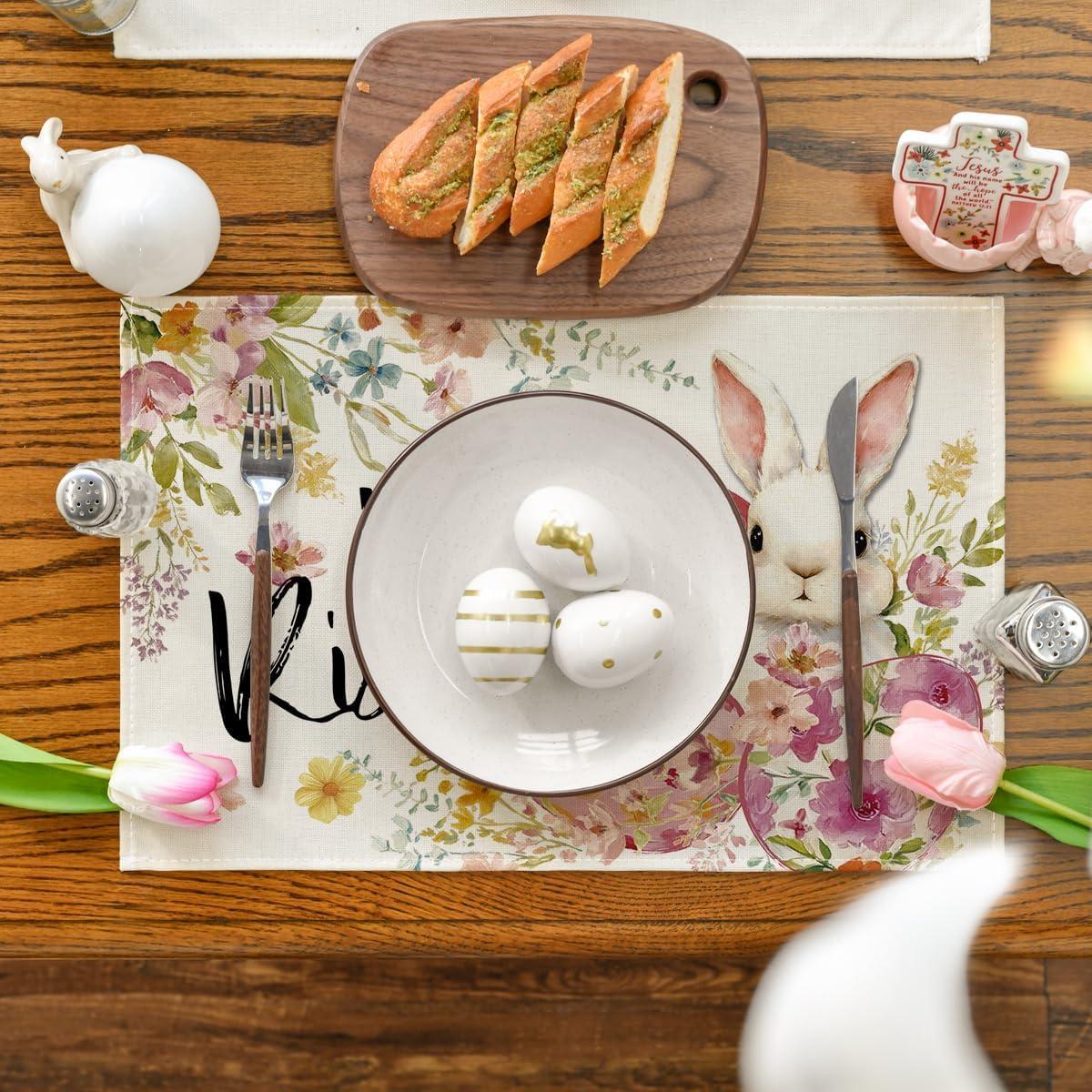 image:imageArtoid Mode Bunny Rabbit Eggs Flowers Easter Placemats Set of 4 12x18 Inch Seasonal Spring Holiday Table Mats for Party Kitchen Dining Decoration