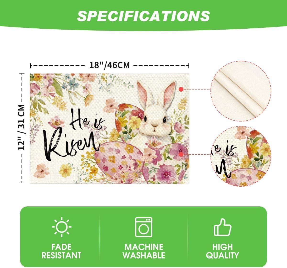 image:imageArtoid Mode Bunny Rabbit Eggs Flowers Easter Placemats Set of 4 12x18 Inch Seasonal Spring Holiday Table Mats for Party Kitchen Dining Decoration