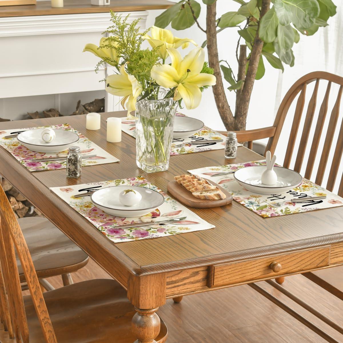 image:imageArtoid Mode Bunny Rabbit Eggs Flowers Easter Placemats Set of 4 12x18 Inch Seasonal Spring Holiday Table Mats for Party Kitchen Dining Decoration