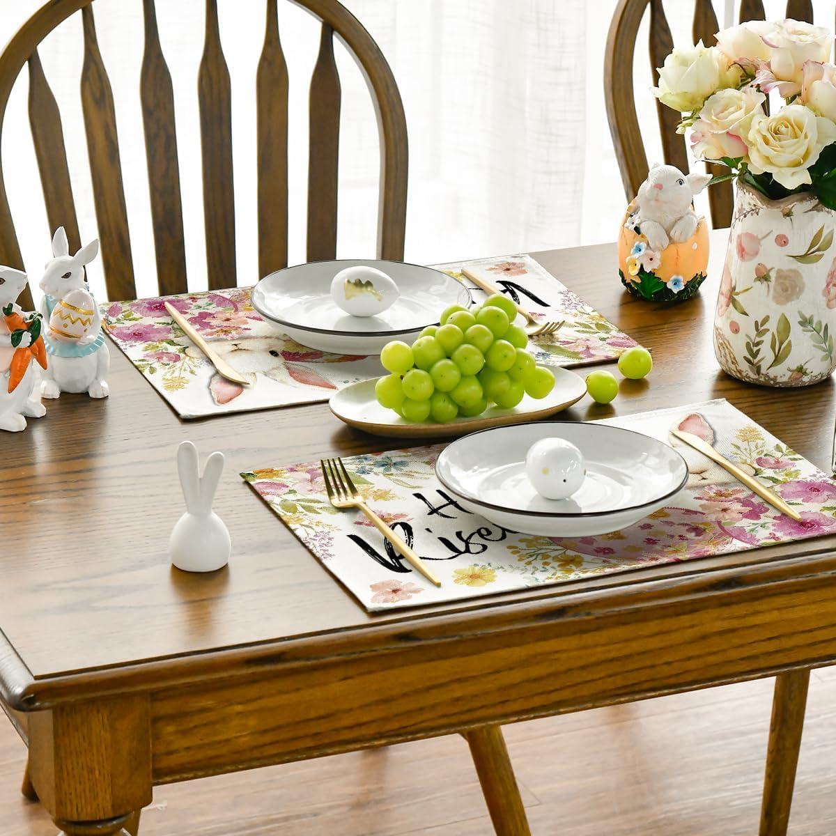 image:imageArtoid Mode Bunny Rabbit Eggs Flowers Easter Placemats Set of 4 12x18 Inch Seasonal Spring Holiday Table Mats for Party Kitchen Dining Decoration