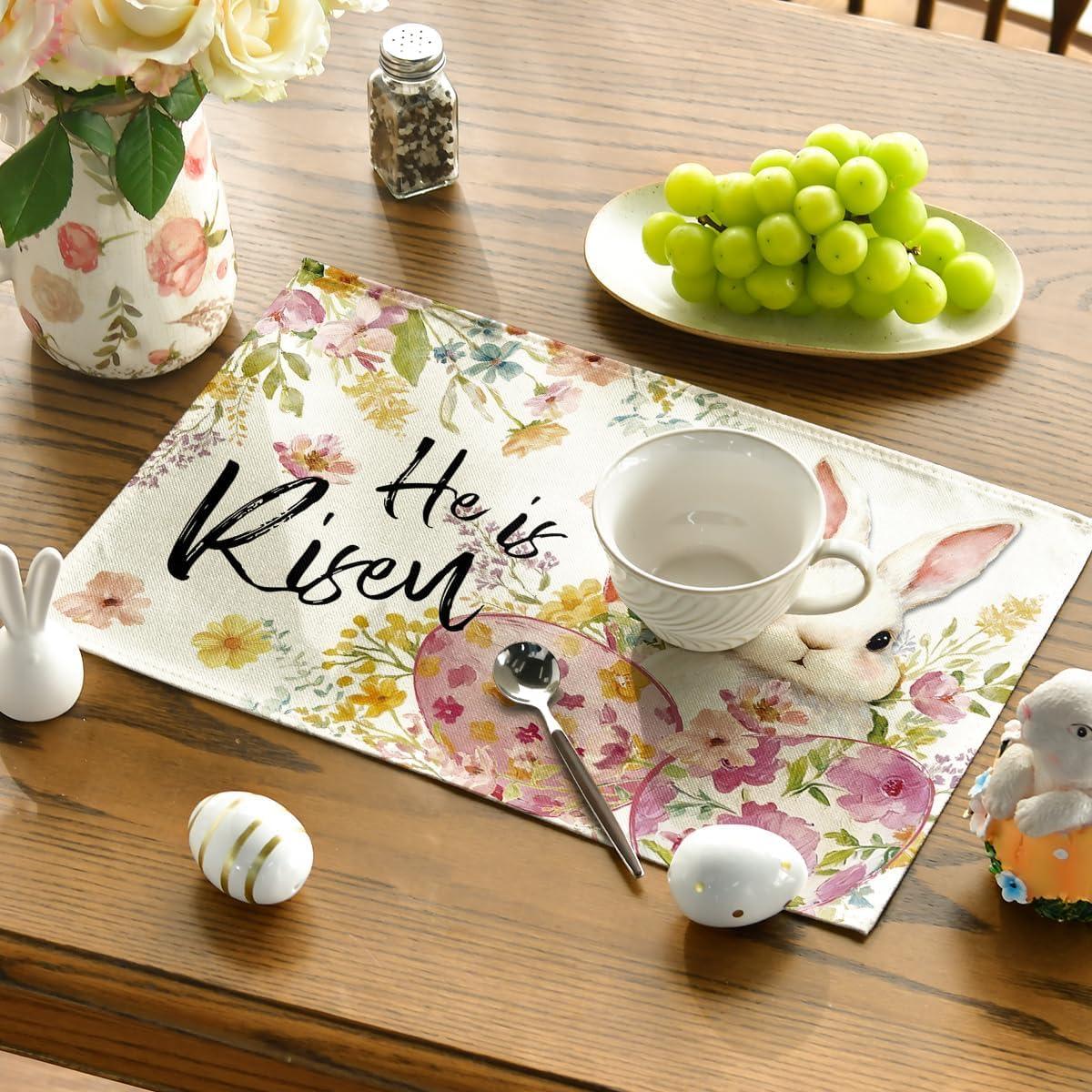 image:imageArtoid Mode Bunny Rabbit Eggs Flowers Easter Placemats Set of 4 12x18 Inch Seasonal Spring Holiday Table Mats for Party Kitchen Dining Decoration