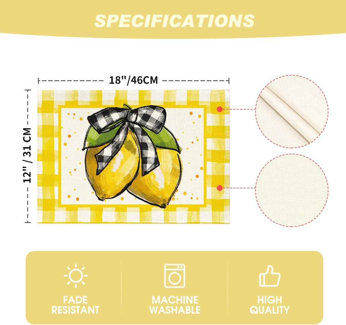 image:imageArtoid Mode Yellow Buffalo Plaid Lemon Placemats for Dining Table 12 x 18 Inch Summer Seasonal Decoration Rustic Washable Table Mats Set of 4