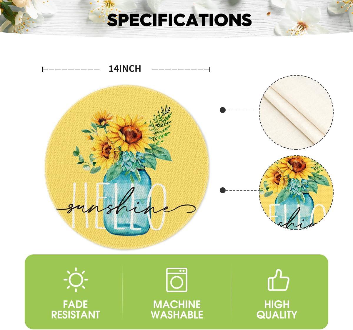 image:imageArtoid Mode Yellow Hello Sunshine Sunflower Summer Placemats for Dining Table 12 x 18 Inch Spring Seasonal Holiday Decoration Rustic Vintage Washable Table Mats Set of 4Yellow