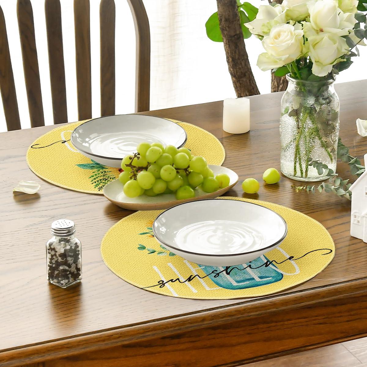 image:imageArtoid Mode Yellow Hello Sunshine Sunflower Summer Placemats for Dining Table 12 x 18 Inch Spring Seasonal Holiday Decoration Rustic Vintage Washable Table Mats Set of 4Yellow