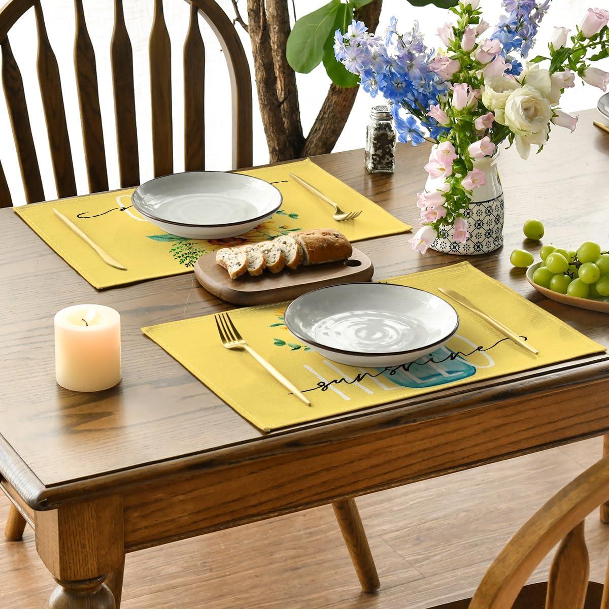 image:imageArtoid Mode Yellow Hello Sunshine Sunflower Summer Placemats for Dining Table 12 x 18 Inch Spring Seasonal Holiday Decoration Rustic Vintage Washable Table Mats Set of 4Yellow