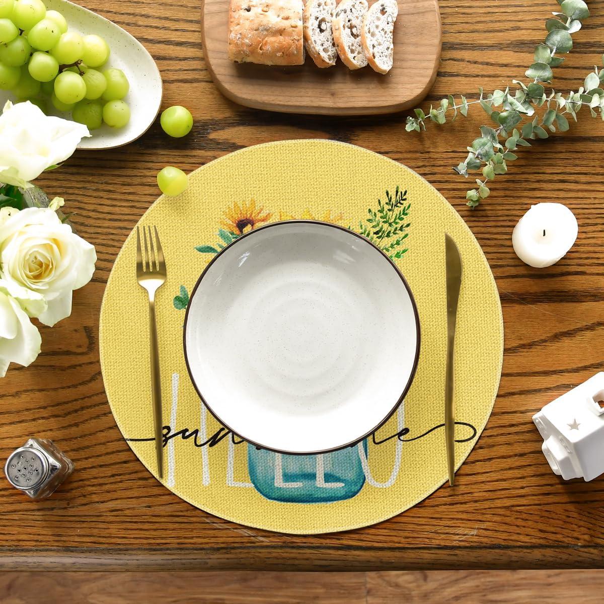 image:imageArtoid Mode Yellow Hello Sunshine Sunflower Summer Placemats for Dining Table 12 x 18 Inch Spring Seasonal Holiday Decoration Rustic Vintage Washable Table Mats Set of 4Yellow