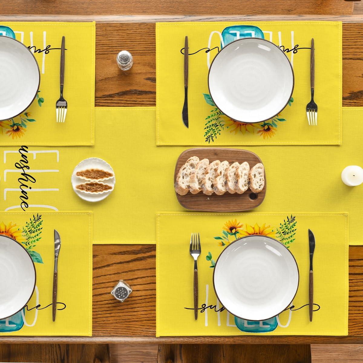 image:imageArtoid Mode Yellow Hello Sunshine Sunflower Summer Placemats for Dining Table 12 x 18 Inch Spring Seasonal Holiday Decoration Rustic Vintage Washable Table Mats Set of 4Yellow