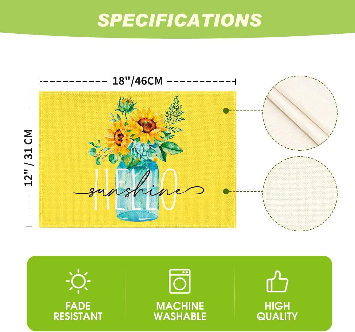 image:imageArtoid Mode Yellow Hello Sunshine Sunflower Summer Placemats for Dining Table 12 x 18 Inch Spring Seasonal Holiday Decoration Rustic Vintage Washable Table Mats Set of 4Yellow