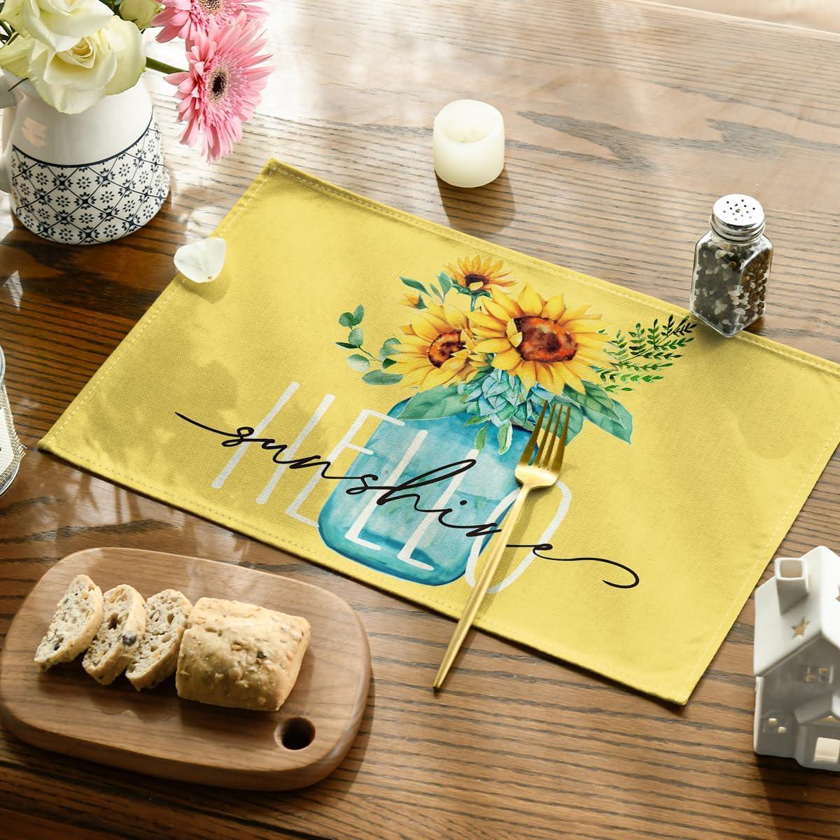 image:imageArtoid Mode Yellow Hello Sunshine Sunflower Summer Placemats for Dining Table 12 x 18 Inch Spring Seasonal Holiday Decoration Rustic Vintage Washable Table Mats Set of 4Yellow