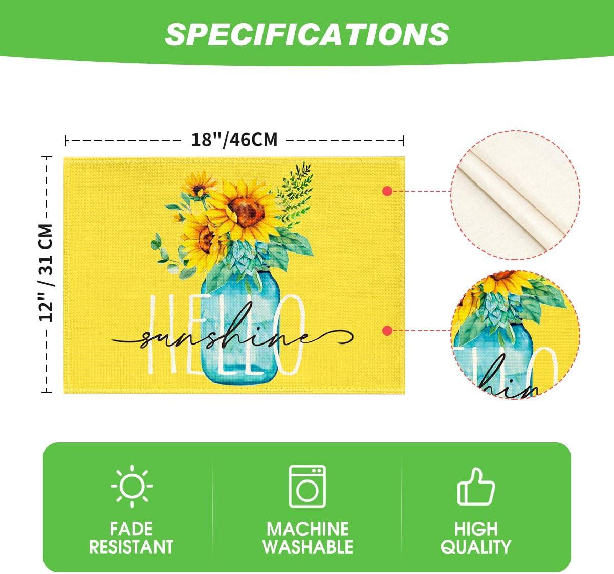 image:imageArtoid Mode Yellow Hello Sunshine Sunflower Summer Placemats for Dining Table 12 x 18 Inch Spring Seasonal Holiday Decoration Rustic Vintage Washable Table Mats Set of 4Yellow