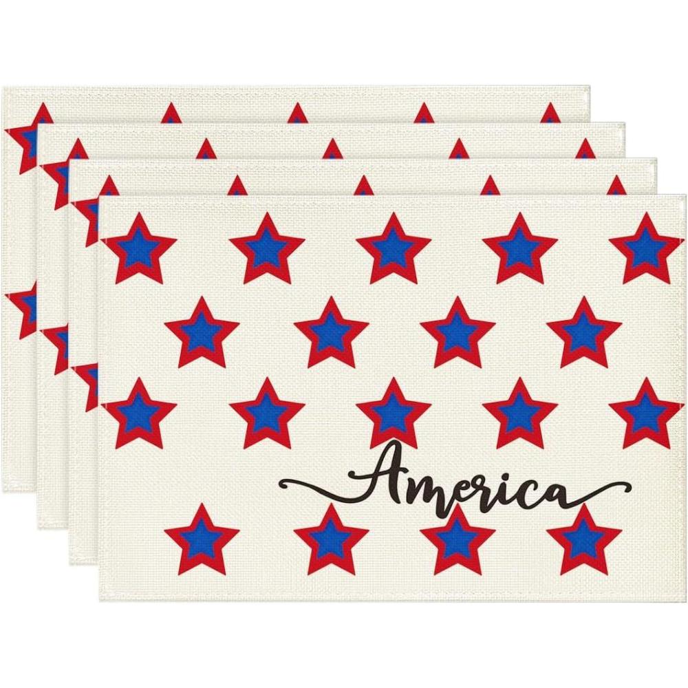 image:imageArtoid Mode Beige America Stars Block Patriotic 4th of July Placemats Set of 4 12x18 Inch Memorial Day Holiday Table Mats for Party Kitchen Dining DecorationBeige