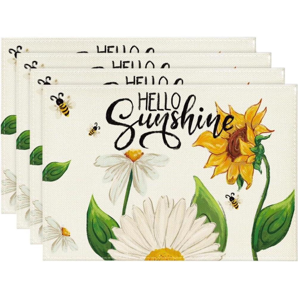 image:imageArtoid Mode Beige Sunflower Bees Summer Placemats Set of 4 12x18 Inch Seasonal Spring Holiday Table Mats for Party Kitchen Dining DecorationBeige