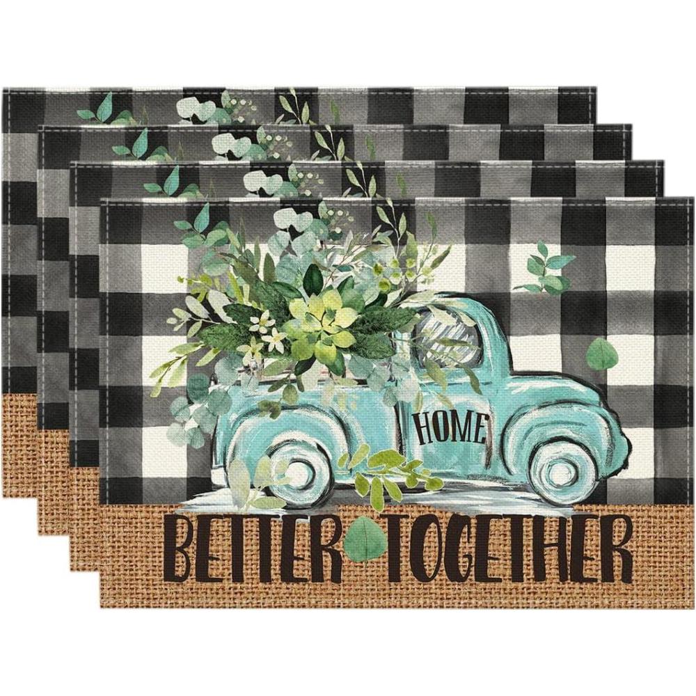 image:imageArtoid Mode Black Buffalo Plaid Truck Eucalyptus Summer Placemats Set of 4 12x18 Inch Spring Table Mats for Party Kitchen Dining DecorationMulti Color