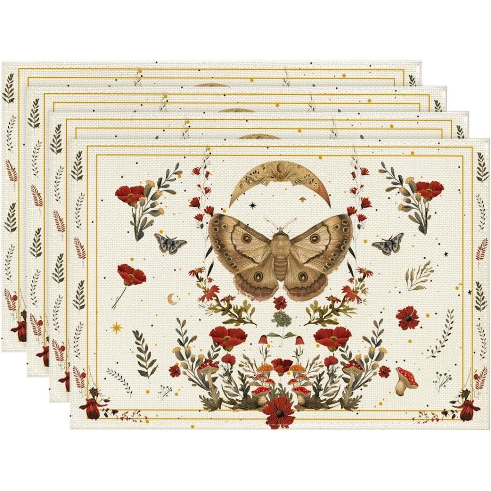 image:imageArtoid Mode Black Poppy Moth Moon Placemats Set of 4 12x18 Inch Floral Spring Table Mats for Outdoor Home Party Kitchen Dining DecorBeige