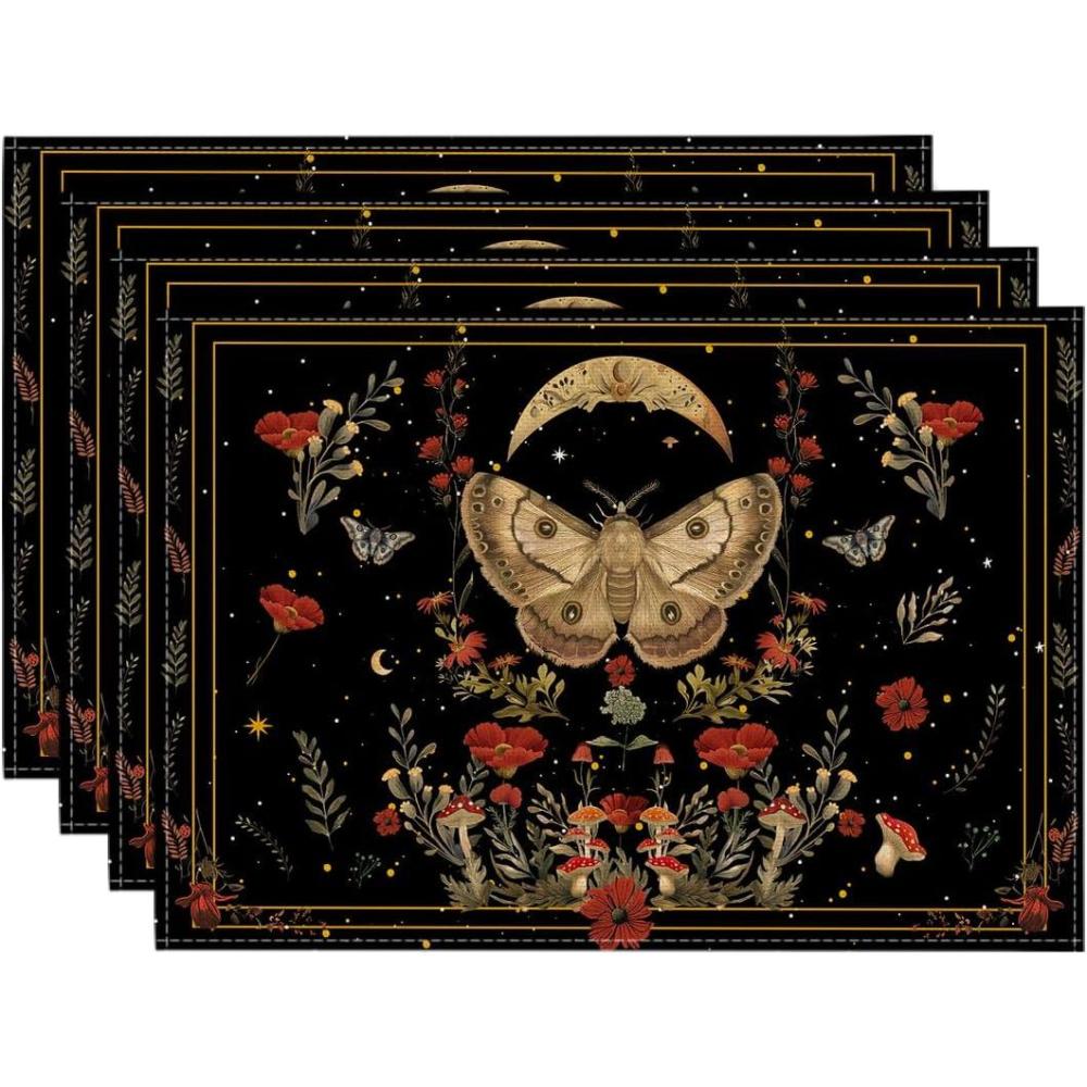 image:imageArtoid Mode Black Poppy Moth Moon Placemats Set of 4 12x18 Inch Floral Spring Table Mats for Outdoor Home Party Kitchen Dining DecorBlack