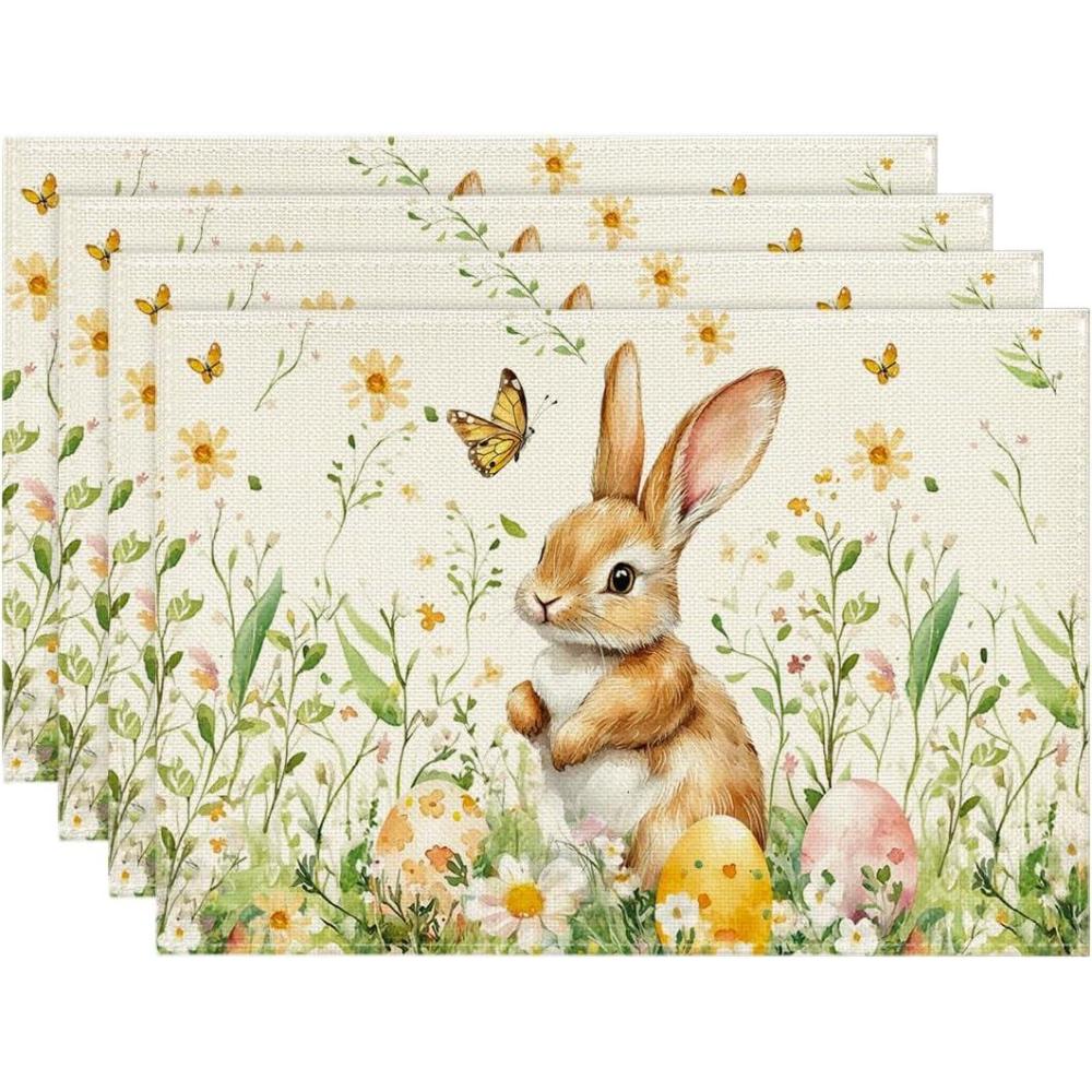 image:imageArtoid Mode Bunny Rabbit Butterfly Eggs Flowers Easter Placemats Set of 4 12x18 Inch Seasonal Spring Holiday Table Mats for Party Kitchen Dining DecorationBeige