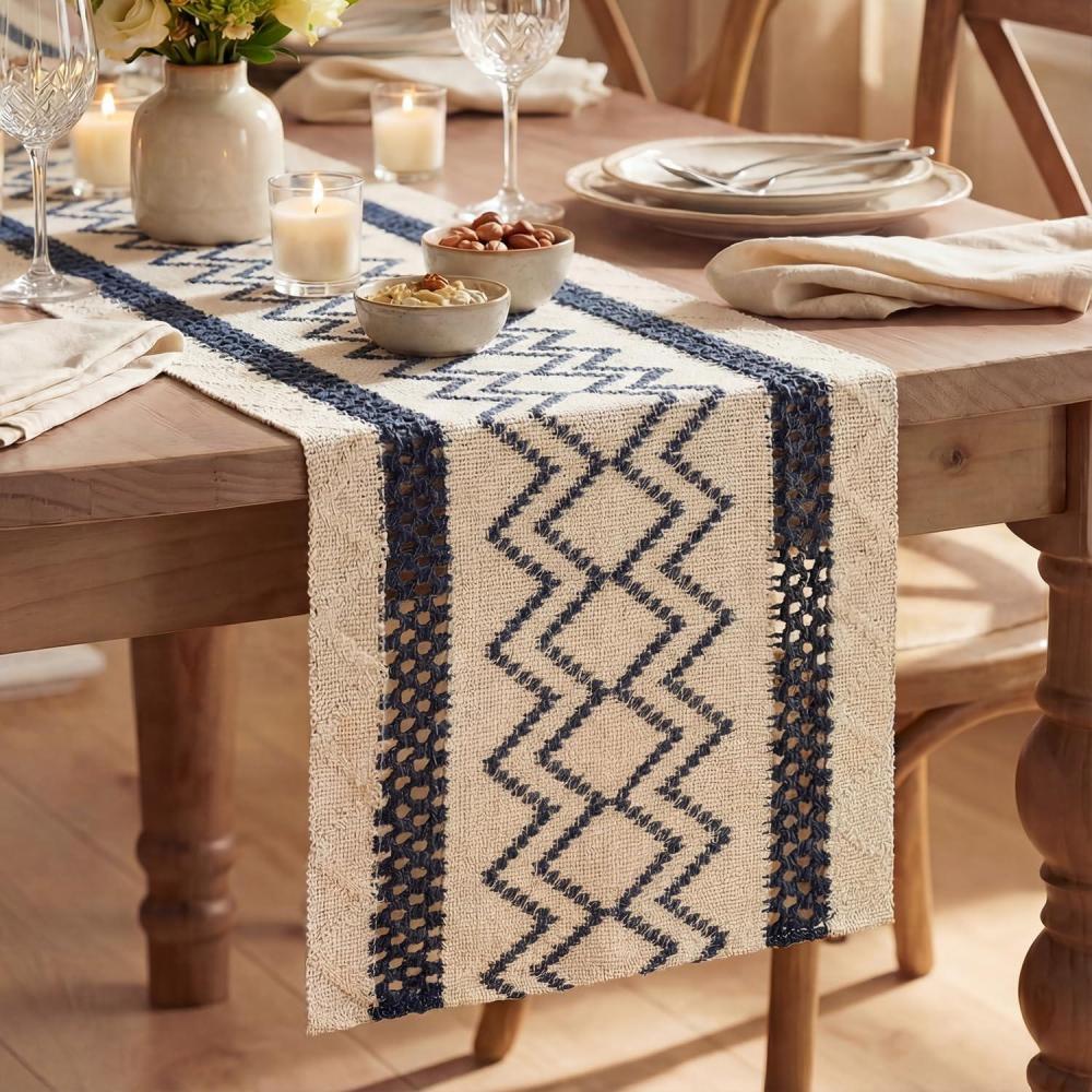 image:imageArtoid Mode Burlap Brown Stripe Diamond Pattern Woven Table Runner Seasonal Holiday Hollow Kitchen Dining Table Decoration for Home Party Decor 12x72 InchDark Blue