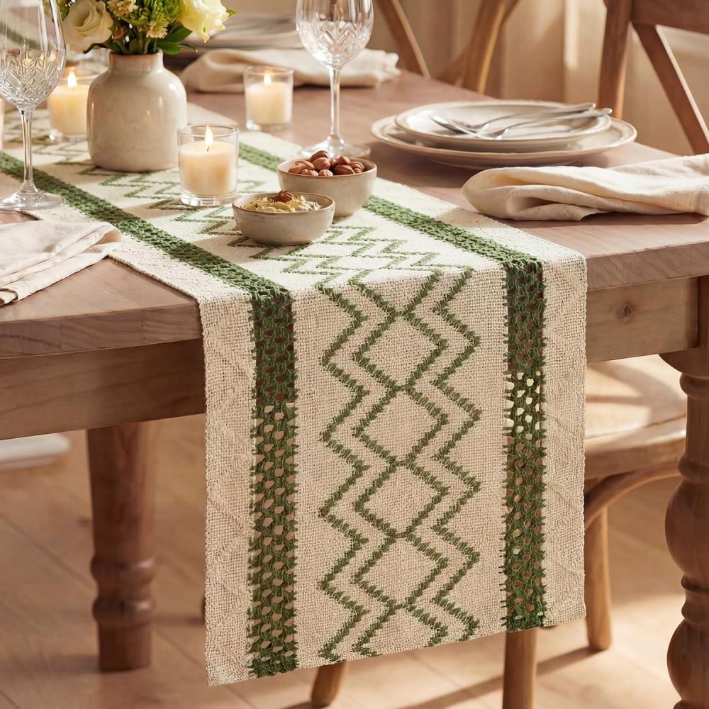 image:imageArtoid Mode Burlap Brown Stripe Diamond Pattern Woven Table Runner Seasonal Holiday Hollow Kitchen Dining Table Decoration for Home Party Decor 12x72 InchArmy Green
