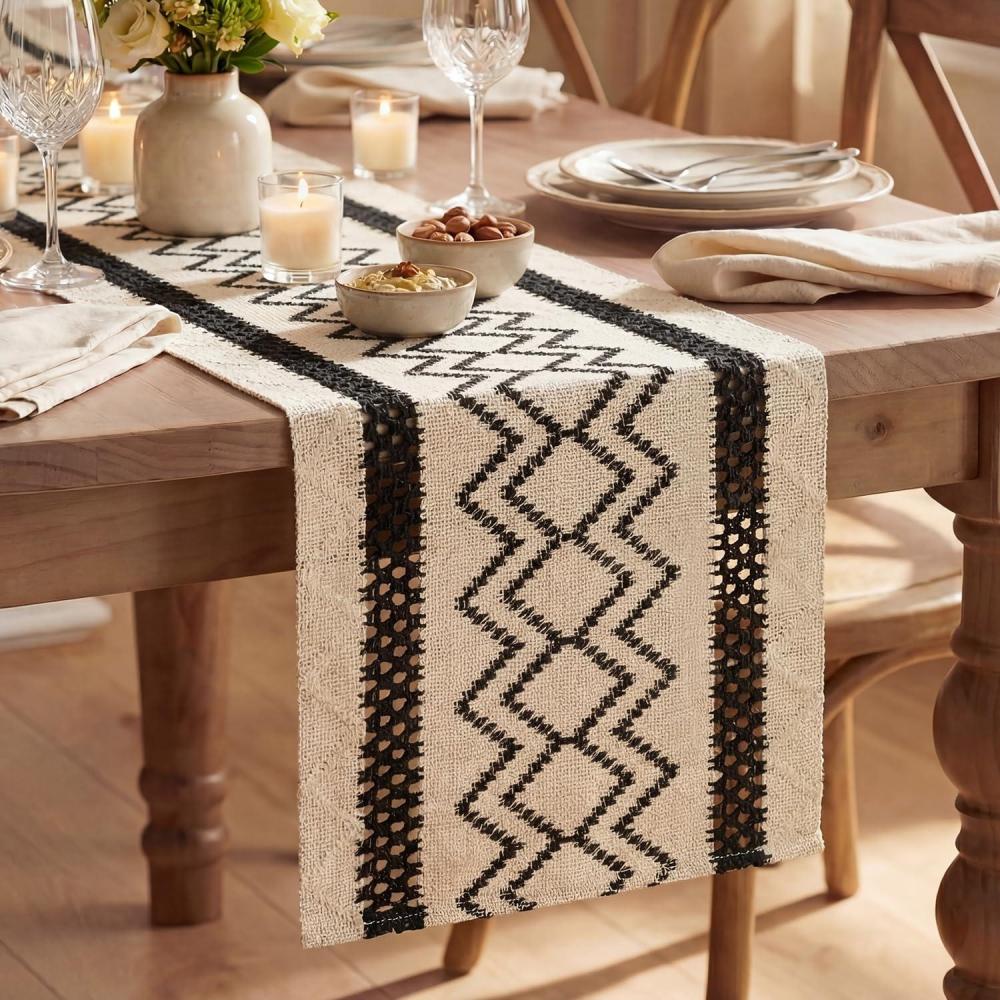 image:imageArtoid Mode Burlap Brown Stripe Diamond Pattern Woven Table Runner Seasonal Holiday Hollow Kitchen Dining Table Decoration for Home Party Decor 12x72 InchBlack